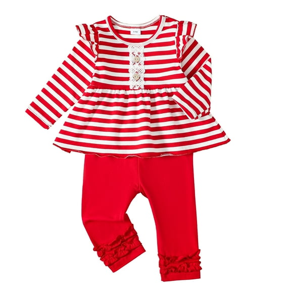KIMI BEAR 2T Toddler Girls Outfits 3T Toddler Girls Winter Sprint Clothes Sets Ruffle Long Sleeves Pullover Top Striped Print Top Solid Color Pants Sets Red