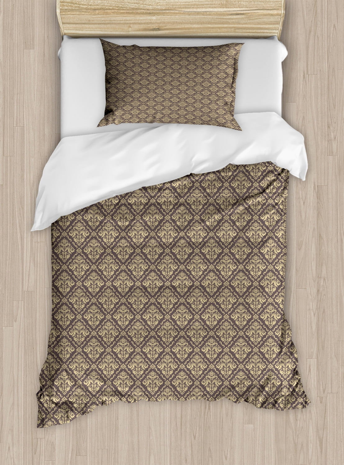 Oriental Twin Size Duvet Cover Set, Classical Pattern with Damask Ornaments Antique Flourish