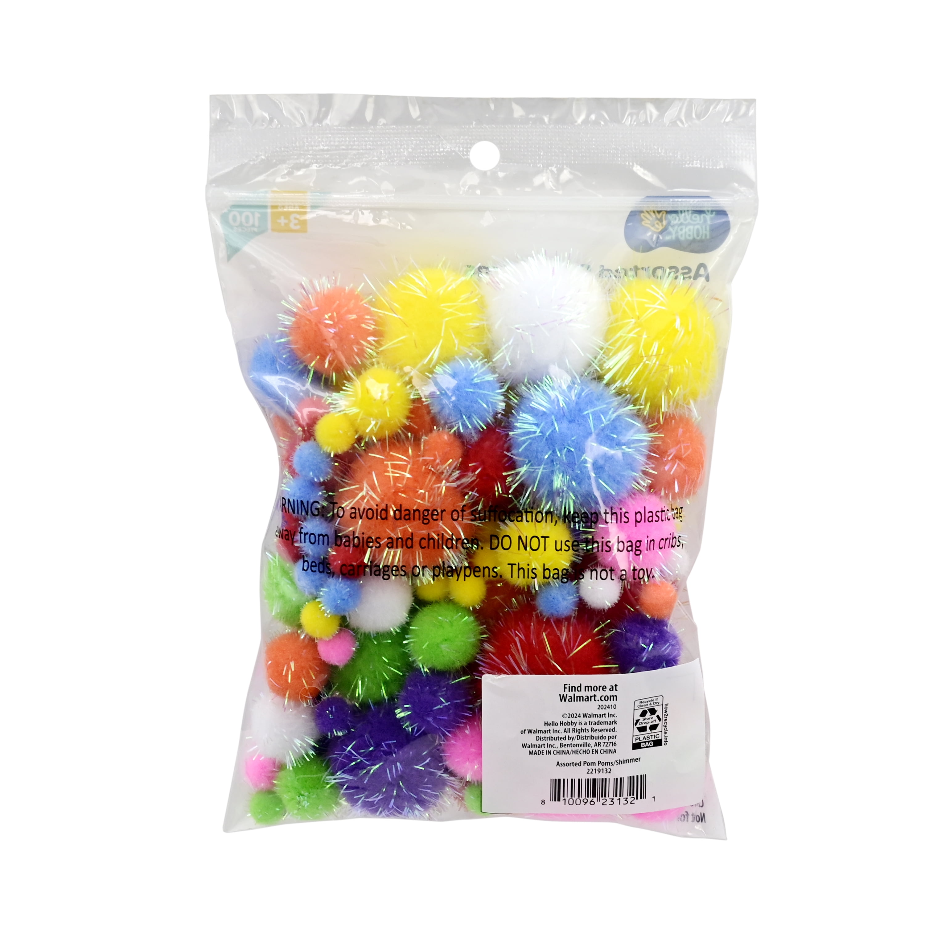 Hello Hobby Shimmer Multicolor Craft Pom Poms, 100 Piece