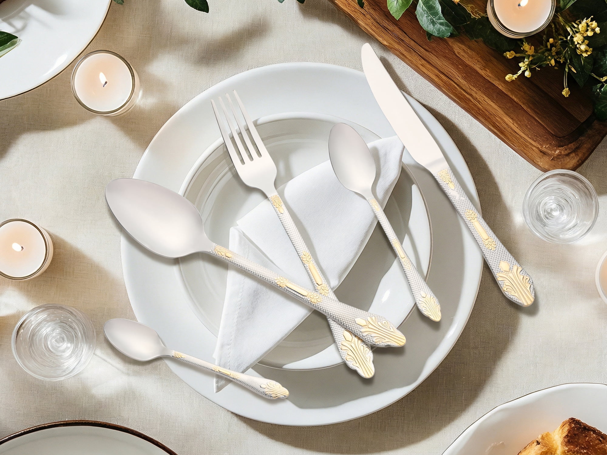 Unique Bargains 20Pcs Stainless Steel Floral Flatware Set For 4 Silver/Gold