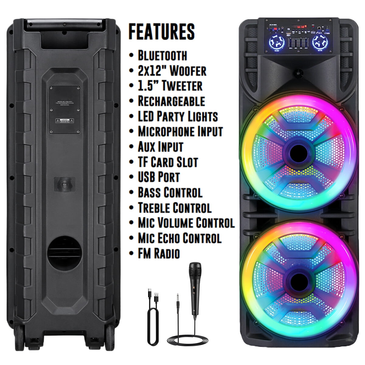 Lohoms Dual 12-in Woofer Bluetooth Speaker With Mic Portable Party PA Sound System RGB