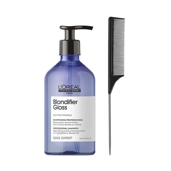 L'Oreal Professionnel Blondifier Clarifying Shampoo | Restores Color -Treated Hair | Enhances Shine & Fights Brass | For Blonde or Bleached Hair 16.9 Fl. Oz. (with Free Tail Combs)