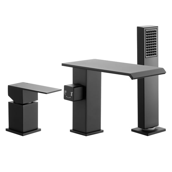 KFFKFF Roman Tub Faucet, 3-Hole Waterfall Bathtub Fixture with Shower Head & Single Handle, Deck-Mounted Bath Faucet Set for Washing Pets, Baby Care, and Adult Bathing, Matte Black