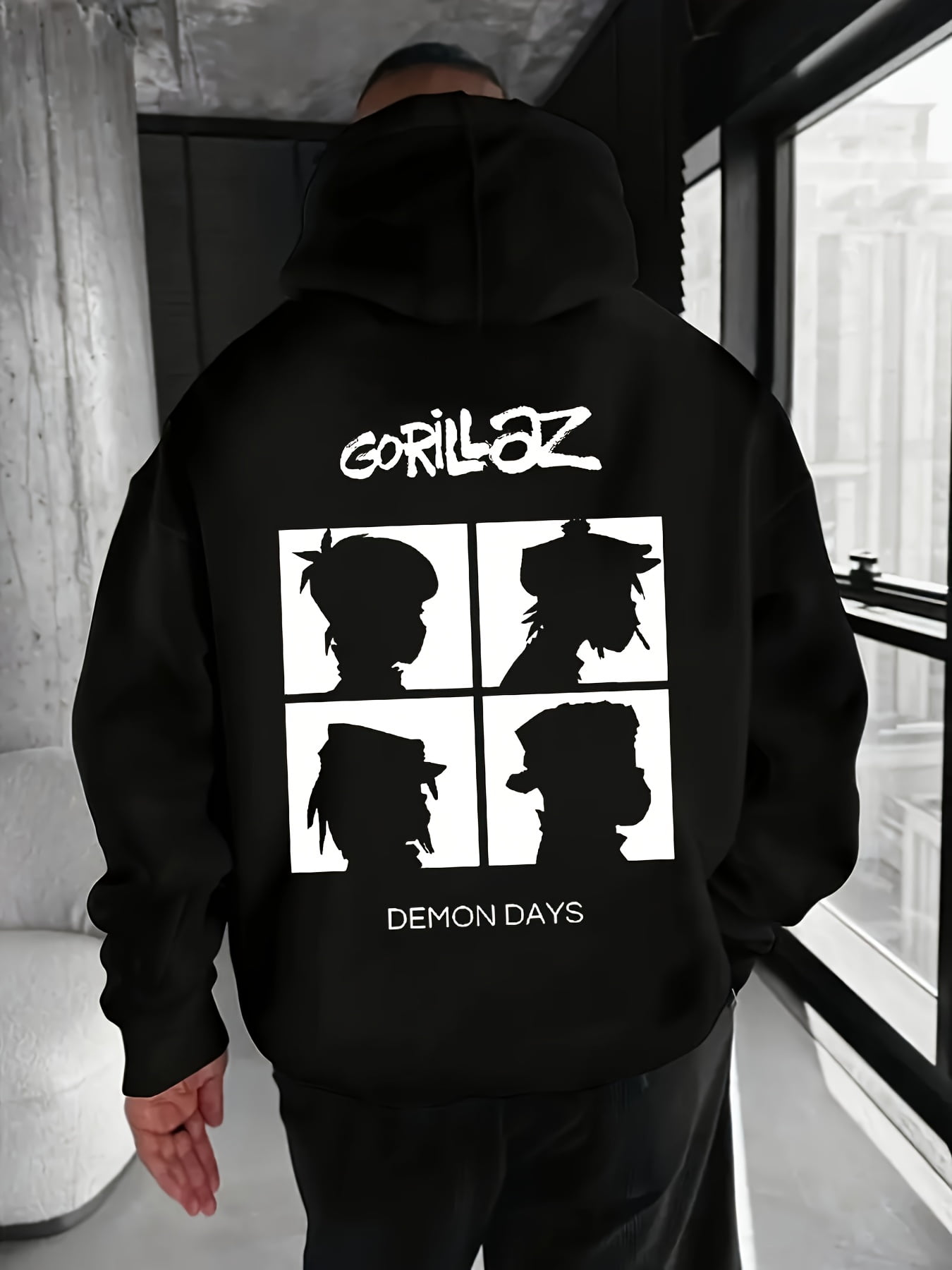 Men'S Gorillaz Graphic Hoodie - Black Pullover Sweatshirt with Adjustable Drawstring Hood, Streetwear for Concerts, Everyday & Themed Events - Machine Washable Polyester Hooded Sweatshirt