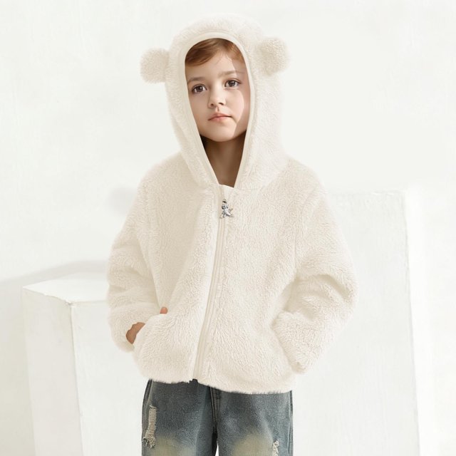 Zip Up Jacket Autumn and Winter Warm Outerwear for Children, with Pocket Zipper Hooded Double-Sided Jacket, Cute Little Bear Pattern Zipper Jacket Cute Fall Tops