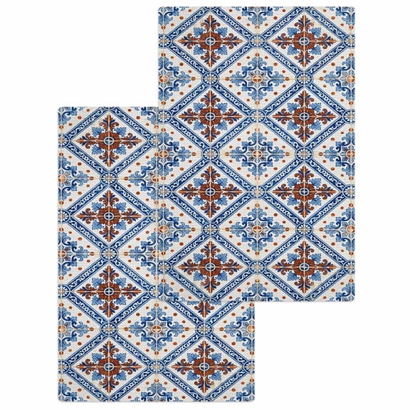 Blue Brown Boho Kitchen Dish Towels for Drying Dishes Set of 2, Classic Traditional Elegant Waffle Weave Microfiber Hand Tea Bathroom Towels Quick Dry & Absorbent Towel 15.7x23.6