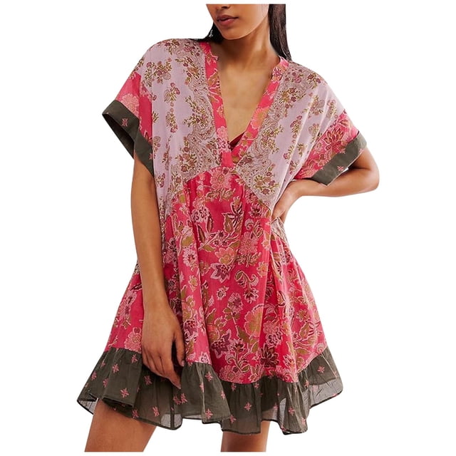 Shorts pour Femmes, Robe pour Femmes, Mode Décontractée Aguichant Boho Imprimé Poche Manches Courtes Col en V Robe, Robe Boho pour Femmes, Robe Décontractée pour Femmes
