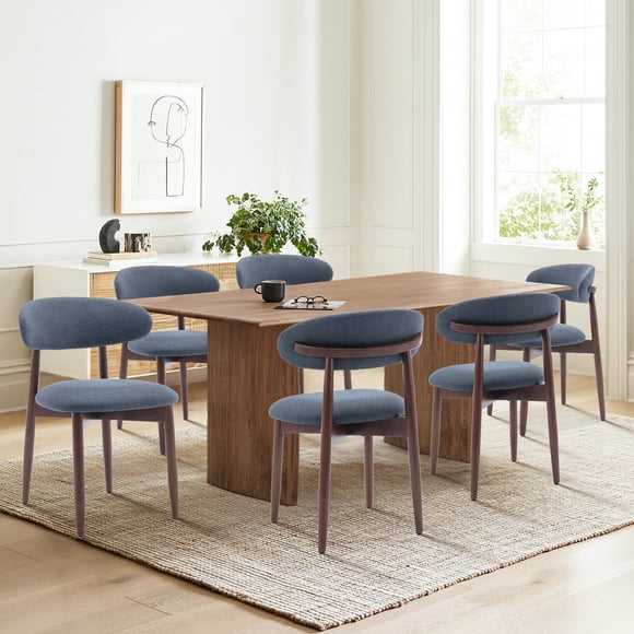 MALOL Wooden Dining Chairs Set of 6, Modern Fabric Upholstered Kitchen Side Chairs, Farmhouse Dining Room Chair Thick Padded with Foot Pegs, Blue