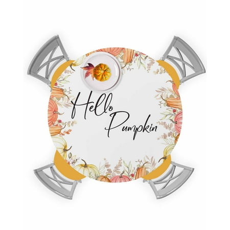 

Round Tablecloth with Elastic Hello Pumpkin Thanksgiving Pumpkin Wreath Waterproof Stain-proof Table Cover Wipeable Fitted Table Cloths for 36 -44 Round Tables Dining Kitchen