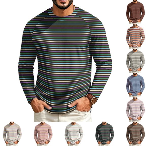 GrmtClth Shirts for Men Soft Striped Long Sleeve Crewneck Pullover Retro Basic Multi Tone Casual Daily Fashion Tops Black 4XL