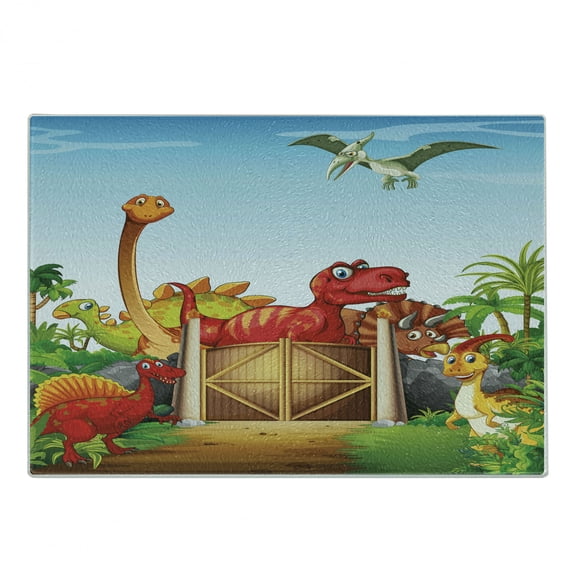 Dino Cutting Board, Cartoon Style Dinosaurs in a Dino Park Jungle Trees Wildlife Habitat Illustration, Decorative Tempered Glass Cutting and Serving Board, Small Size, Multicolor, by Ambesonne