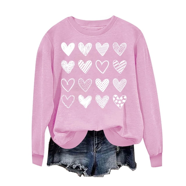 Penkiiy Chandail en Molleton Imprimé Cœur pour Femmes Manches Longues Col Rond Décontracté Vintage Amour Graphique Chandail TP Rose