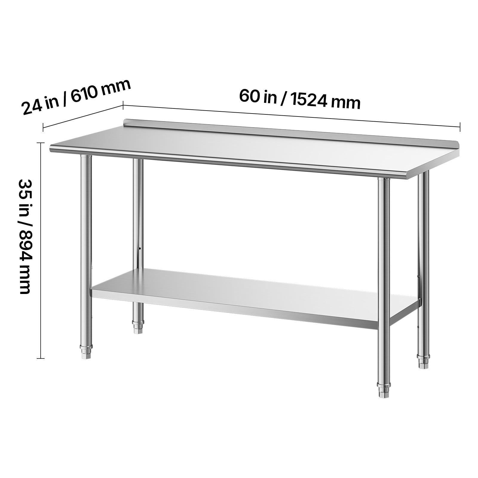 KFFKFF Stainless Steel Work Table, 24x60 Inch Food Prep Station with Backsplash, Commercial Kitchen Table with Adjustable Undershelf, Durable Metal Utility Workstation for Restaurant, or Outdoor Use