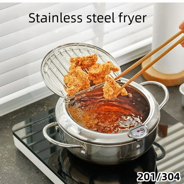 20cm Compact 304 Stainless Steel Gas Fryer with Adjustable Temperature Control – Energy-Efficient Mini Deep Fryer & Soup Pot, Space-Saving Design for Home Kitchen Use, Lightweight and Durable Cooking