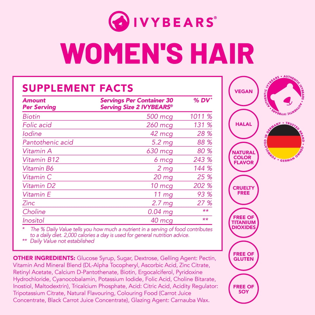 Women’s Hair Vitamin Gummies with Complex Biotin, Collagen, Folic Acid, Vitamin B7, and Keratin for Hair, Skin & Nails - Vegan Hair Growth & 100% Vitamin Boost - 60 Count, 1 Month Supply