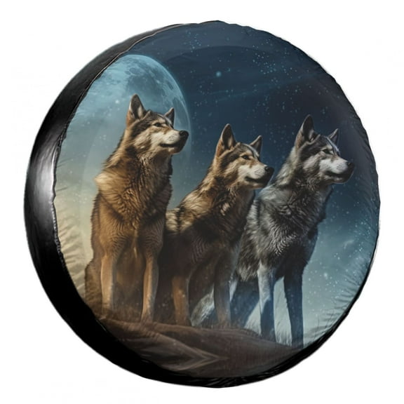 KAKALAD Three Grey Wolves Under The Moon 01 Spare Tire Cover Universal Vehicle Accessories Buckle Car Tools 14”in