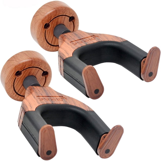 Juego de 2 soportes de pared para guitarra acústica, eléctrica, clásica y bajo, accesorio de montaje en pared con bloqueo para guitarra (2 piezas de caoba)
