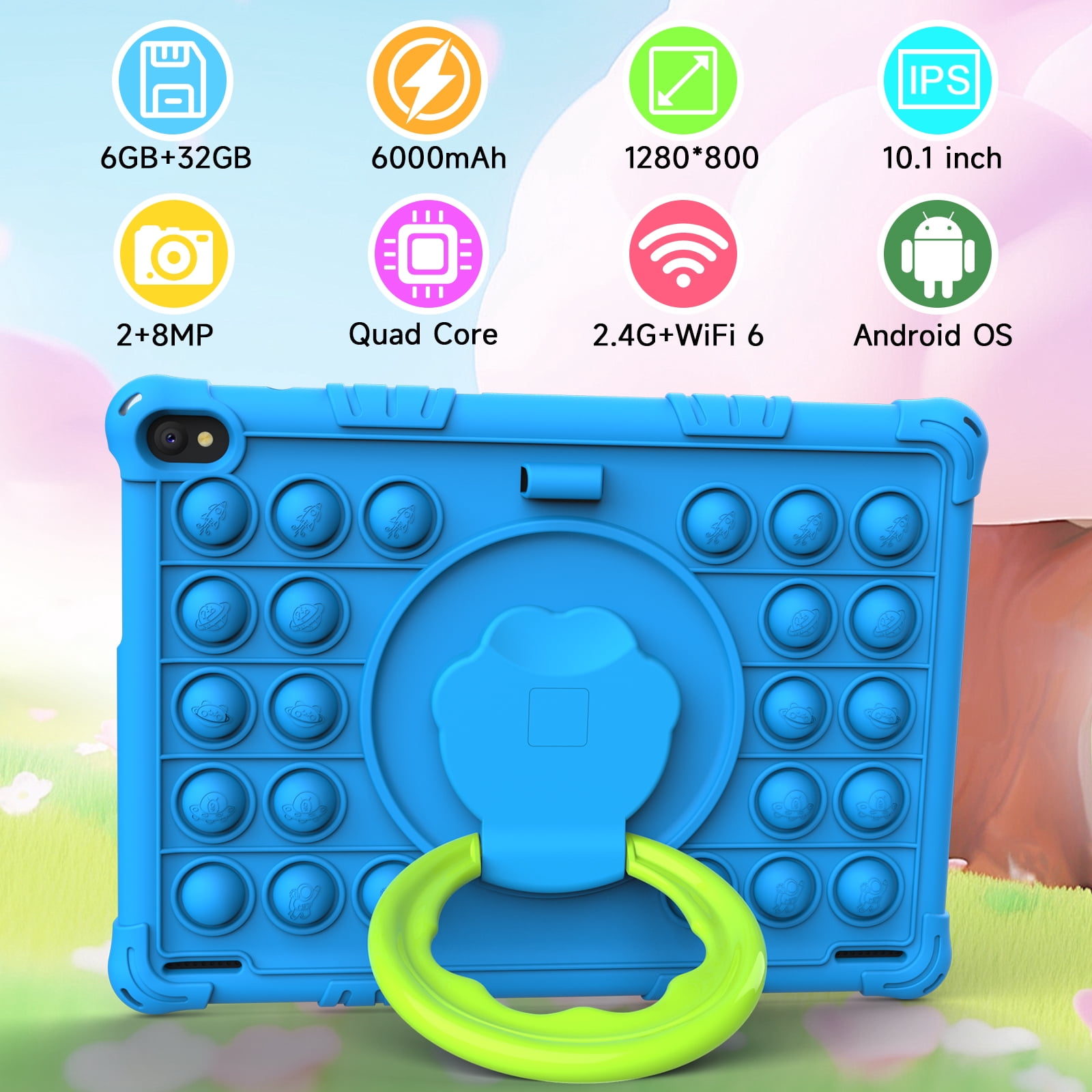 Peicheng Tablet for Kids, 10" Android 15 Kids Tablet with EVA Case, Parental Control Pre-Installed Education Apps, 6(2+4)GB RAM 32GB Storage 6000mAh WiFi 6, Front 2MP+Back 8MP Dual Cameras - Blue