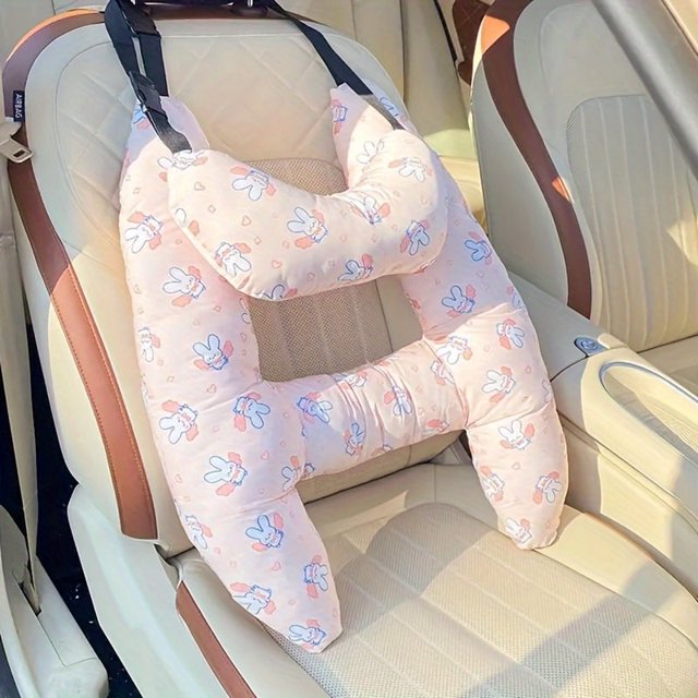 YOPTOP Cute Cartoon Car Seat Pillow with Belt - Comfortable & Secure Travel Accessory Hand-Washable Nylon Mixed Colors,Rabbit