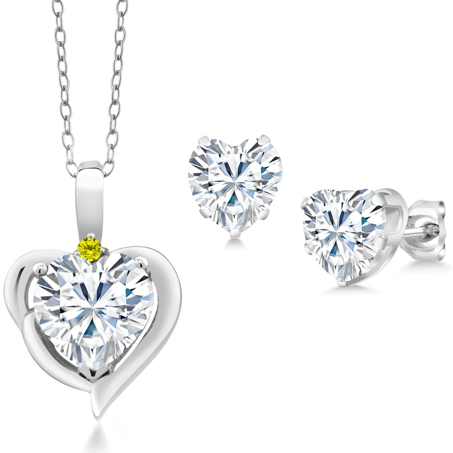 Gem Stone King 925 Sterling Silver White Moissanite and Canary Diamond Pendant Necklace Earrings Set for Women (3.42 Cttw, Heart Shape 8MM and 6MM, with 18 inch Chain)