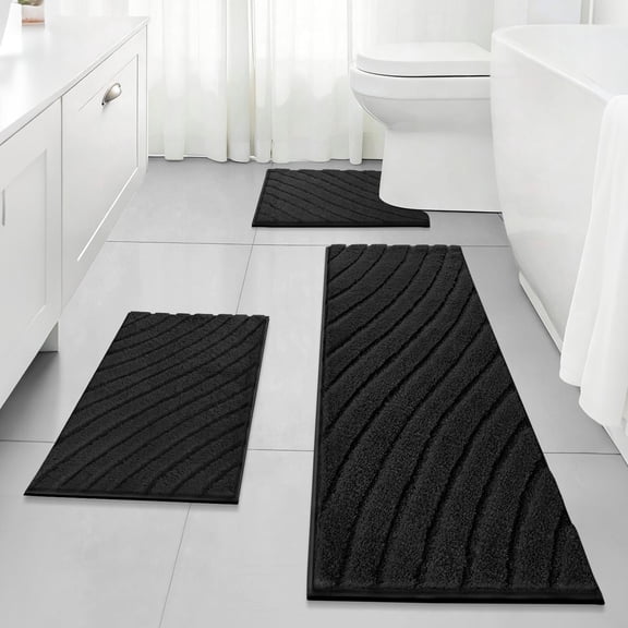 Findosom 3pcs Bathroom Rugs Set with U-Shaped Mat,Diagonal Striped Non Slip Quick Drying Machine Washable Bath Mat,Ultra Soft Bath Mats for Bathroom Floor,Tub,Shower 18"x26" 18"x48" U 20"x24" Black