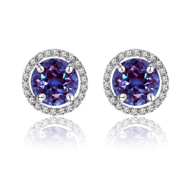 Aros con Halo de Piedra Natal de Junio y Alejandrita de Corte Redondo de 1,25 Quilates en Oro Blanco de 18 K sobre Plata JeenMata