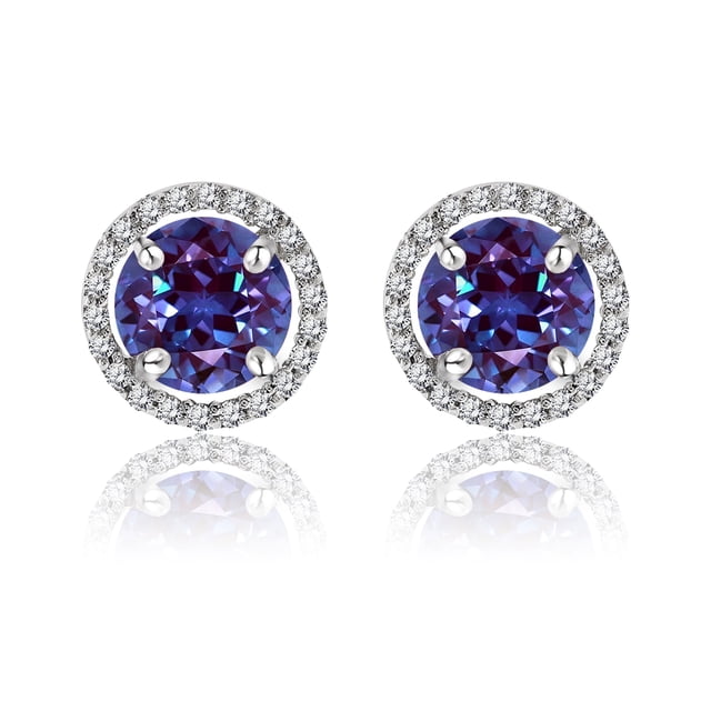 Aros con Halo de Piedra Natal de Junio y Alejandrita de Corte Redondo de 1,25 Quilates en Oro Blanco de 18 K sobre Plata JeenMata