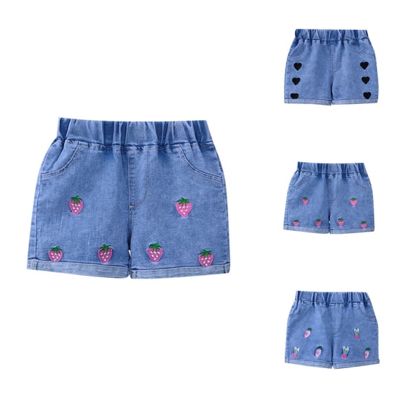 Toddler Baby Girls Summer Denim Shorts Elastic Waistband Cute Printed Jeans Soft Breathable Jean Shorts for Daily Playwear Bottoms
