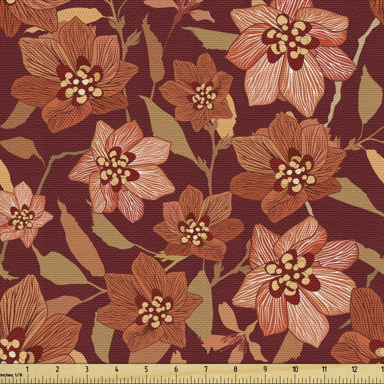 Vintage Fabric by the Yard, Nostalgic Pattern of Spring Flowers and Leaves,  Decorative Upholstery Fabric for Chairs & Home Accents, Burgundy Burnt