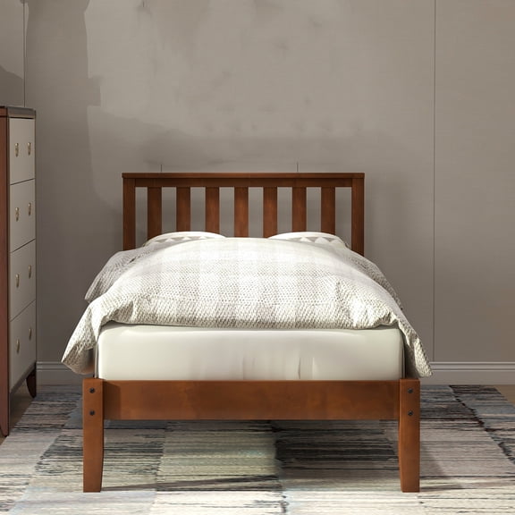 Dtwnek Wood Twin Size Platform Bed with Headboard/Wood Slat Support, Brown