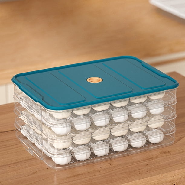 Caja apilable para guardar dumplings con tapa, organizador de plástico azul para refrigerador, juego de 3 bandejas (A/B/C) para alimentos, ideal para la cocina y el refrigerador.