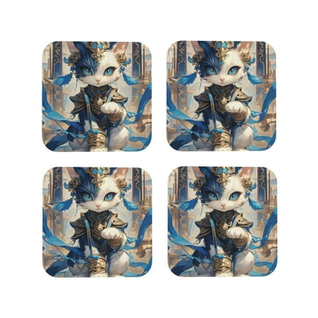 

Tideii Exotic Blue Cat for Leather Coasters 4 Pieces Anti-fouling and Anti-scalding Decorative Coasters Suitable for Restaurants Kitchens Coffee Shops-Square