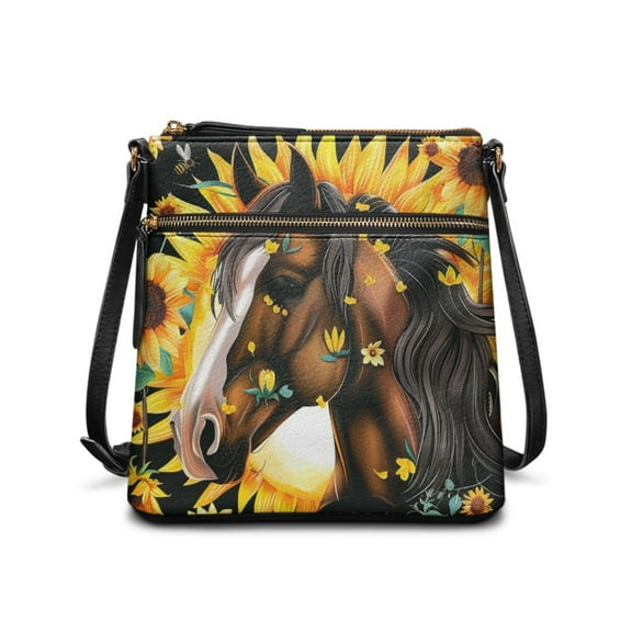LedBack Horse Sunflower Women Leather Crossbody Hobo Bag with Zipper Pockets, Portable Satchel Purse with Adjustable Strap, Cross Body Purse Handbag for Ladies, Yellow