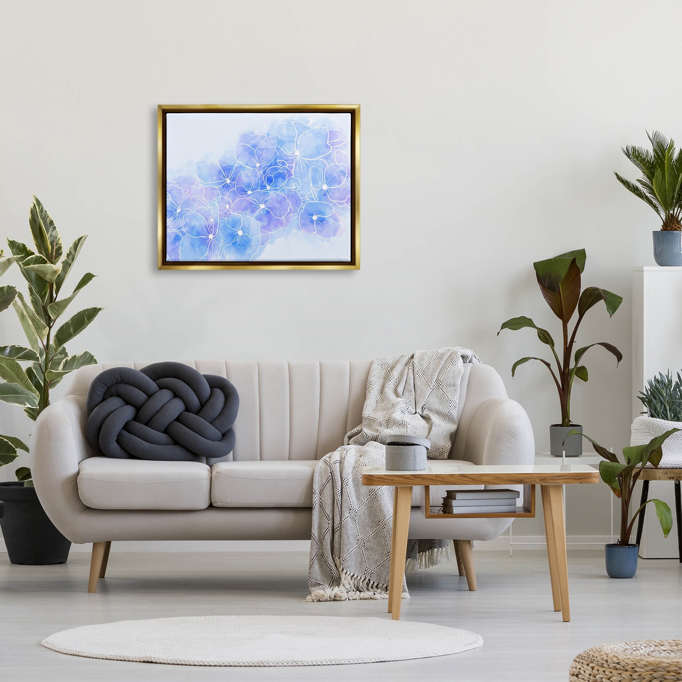 Pastel Blue Flower Outlines Botanical & Floral Graphic Art Metallic Gold Framed Art Print Wall Art