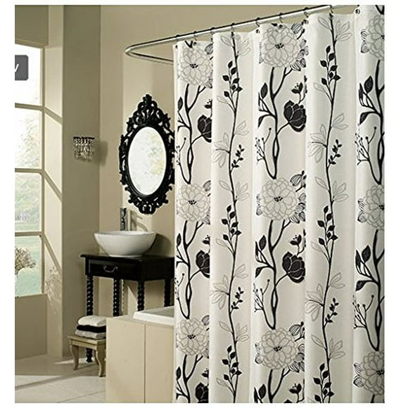 spring Home Rideau de Douche en Tissu Fleur Noir et Blanc