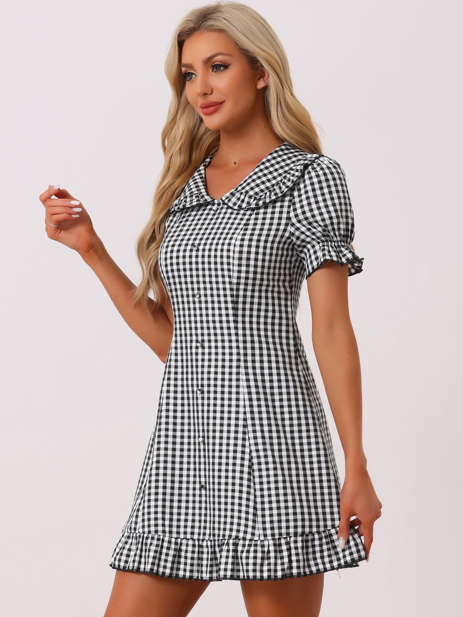 DARING DIVA Gingham Print Ruffled Doll Collar Puff Sleeve Mini Dress L Black White