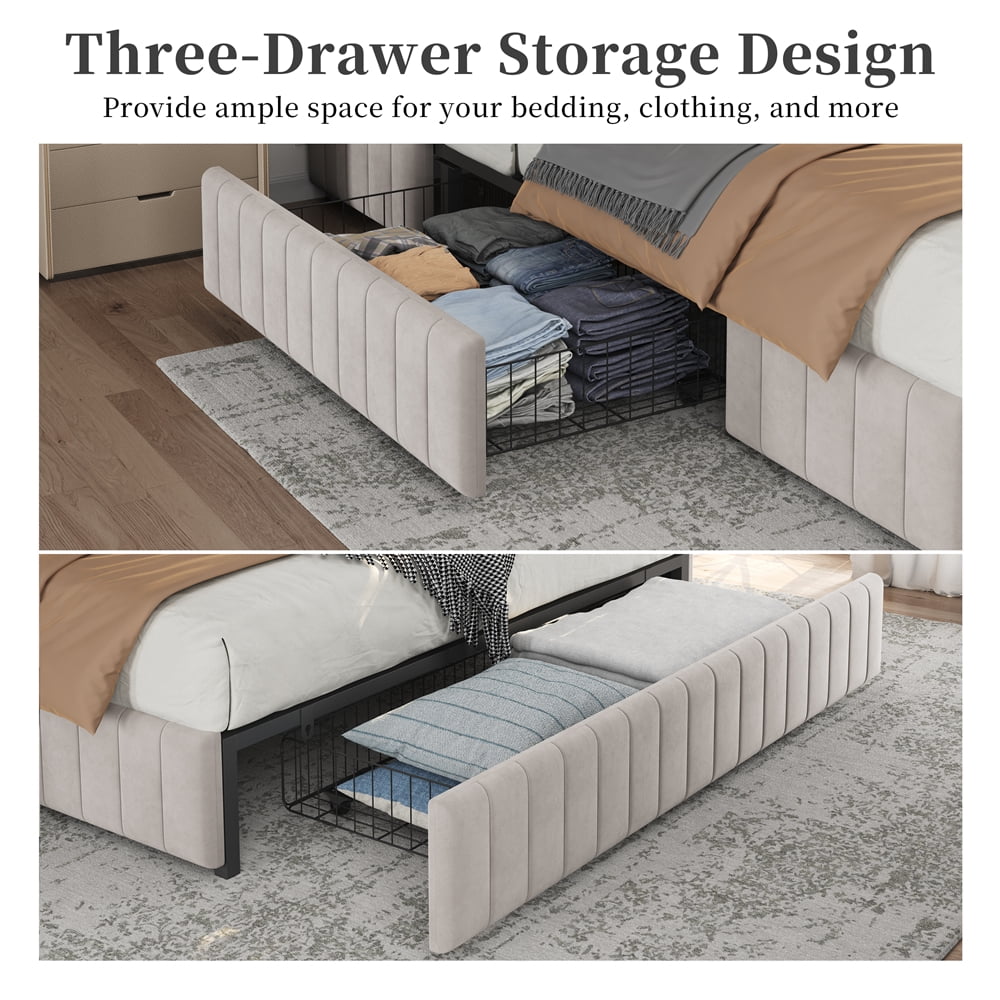 Fullfurnique Upholstered Platform Bed Frame with Three Storage Drawers, Queen, Beige