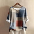 thumbnail image 2 of WTOBBY Women's Floral Geometric Print Cotton Linen Blouse with Half-Sleeve, Casual Round Neck Fashion Top for Fall Season, Comfortable Apparel,Multicolor XL, 2 of 4
