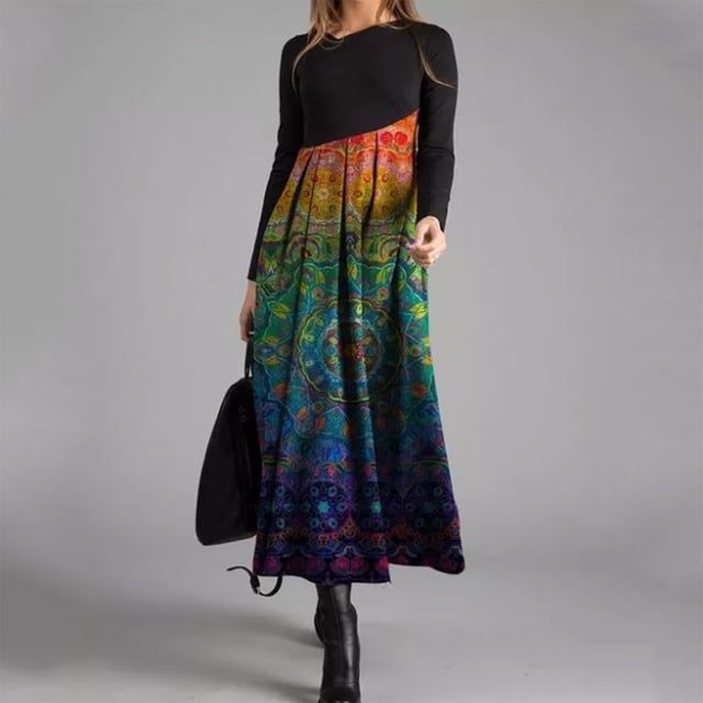 Mikilon Femmes Automne Et Hiver Casual Slim À Manches Longues Longue Robe Imprimée Bohème, Robes D'automne Pour Les Femmes