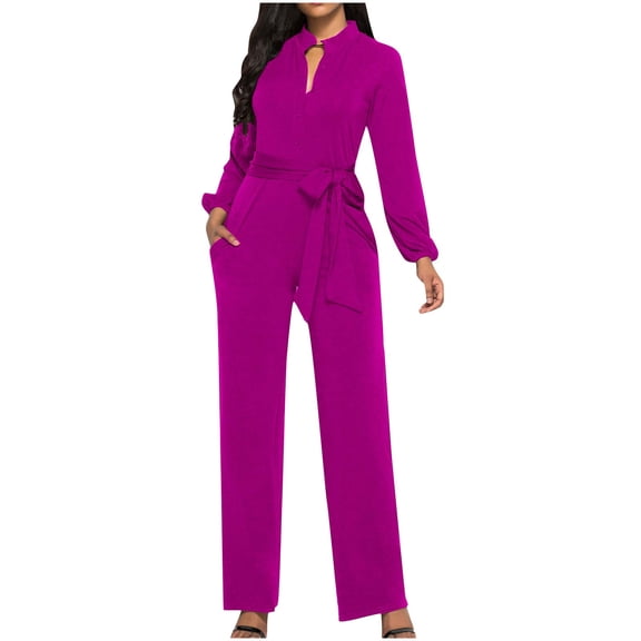 Umfun Pants for Women, Jumpsuits for Women, Fall Fashion V-Neck Pocket Button Long Sleeve Tie Jumpsuit Hot Pink 2XL
