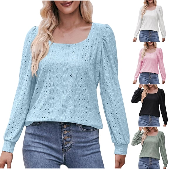 Wlynlyn Blouses for Women Eyelet Long Sleeve Loose Fitted Shirts Dressy Casual Square Neck Summer Tops