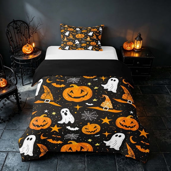 Homewish Halloween Pumpkin Ghost Twin Duvet Cover, Witch Hat Bat Twin Bedding, Black Orange, Black Reversible 2pcs, 1 Duvet Cover and 1 Pillowcase