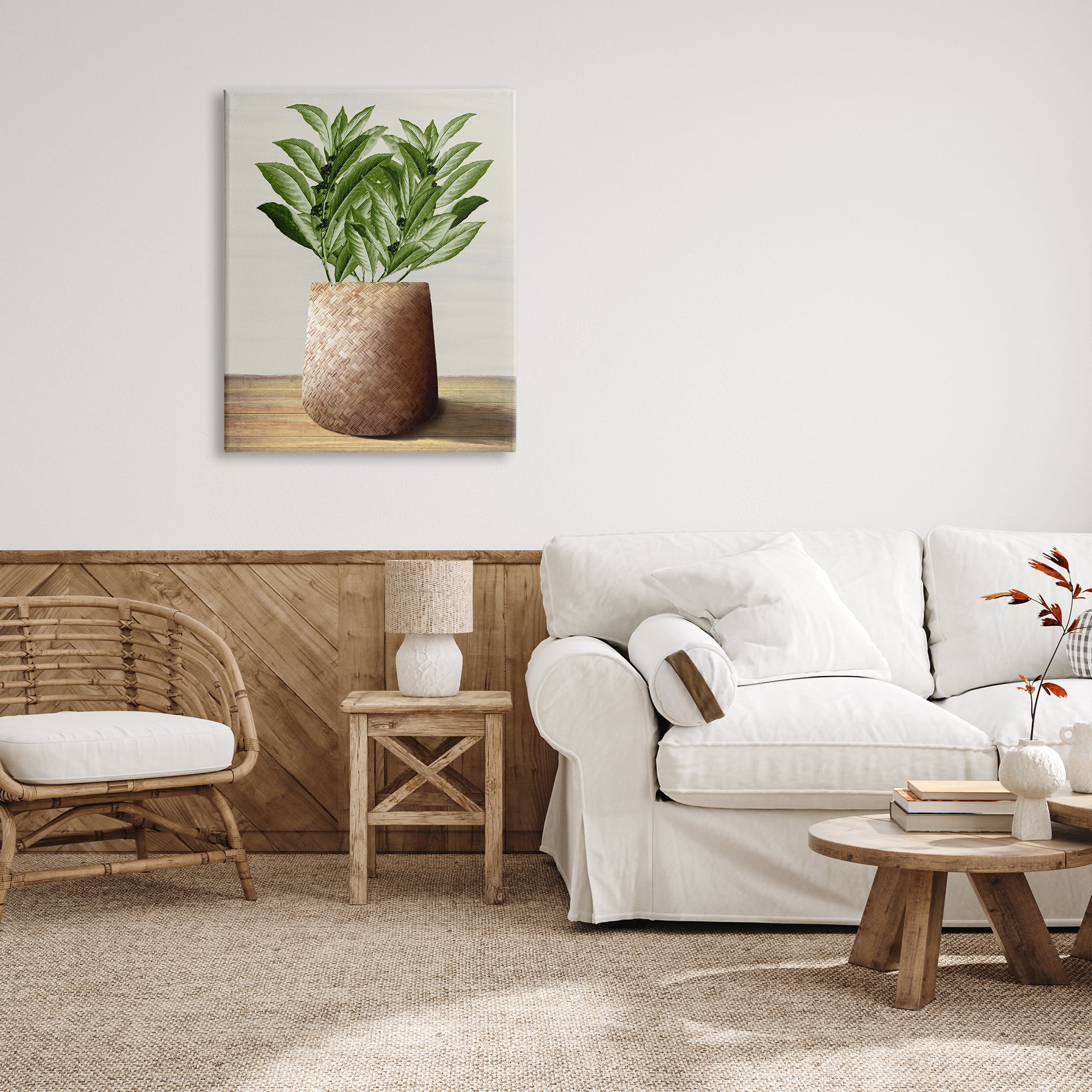 Stupell Industries Greenery in Woven Planter Botanical & Floral Painting Gallery Wrapped Canvas Art Print Wall Art, 30 x 40