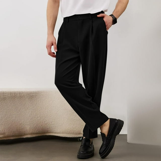 Ceisia Men's Trendy Solid Color Gift Elastic Waist Straight Leg Suit Pants with Slanted Pockets