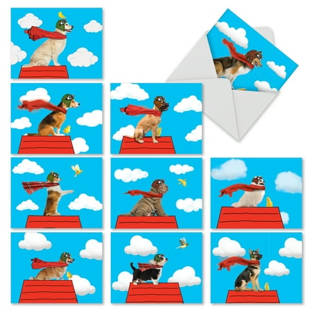 'M2350OCB COMICAL CANINES' 10 Assorted All Occasions Greeting Cards Featuring Various Dogs Pretending to Fly on Top of a Doghouse with Envelopes by The Best Card