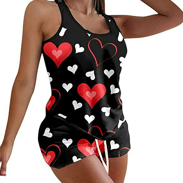 Conjunto de estampado de amor para el día de San Valentín para mujer, pantalones cortos de cintura elástica, conjuntos de pijamas Fridja nalpqowj17507