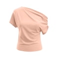 thumbnail image 4 of SROBPTY Womens T-Shirts Solid Crew Neck Short Sleeve Off Shoulder Asymmetrical Loose Breathable Summer Tops for Daily Wear, 4 of 4