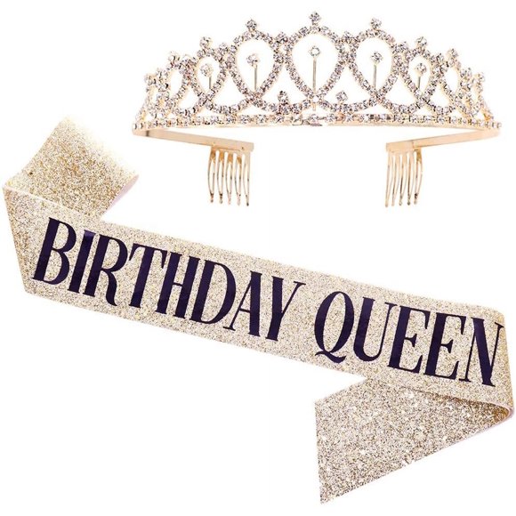 Crystal Tiara Birthday Crown and Sash for Birthday Decorations