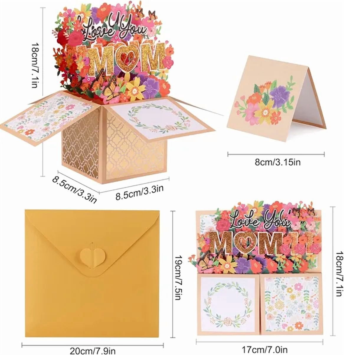 Yellow 3D Pop-Up Mother’s Day Card, Best Mom Ever Handmade Flower Greeting Card with Envelope & Notecard for Mom