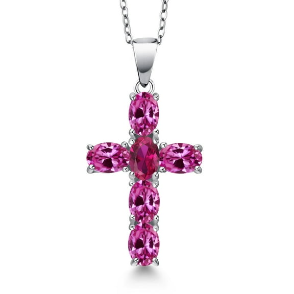 Gem Stone King 925 Sterling Silver Pink Created Sapphire and Red Created Ruby Cross Pendant Necklace for Women | 3.00 Cttw | Gemstone September Birthstone | Oval 6X4MM | With 18 inch Chain